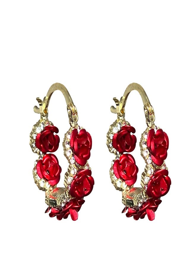Anmpab Rose Flower Hoop Earrings for Women Rhinestone Floral Camellia Flower Earrings Party Jewelry (Red) - Image 1